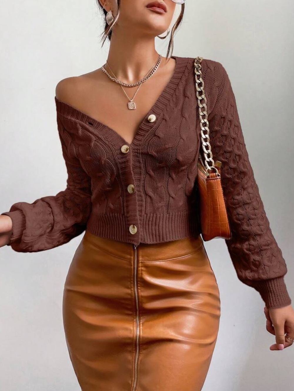 Brown Cable-Knit V-Neck Button Front Sweater